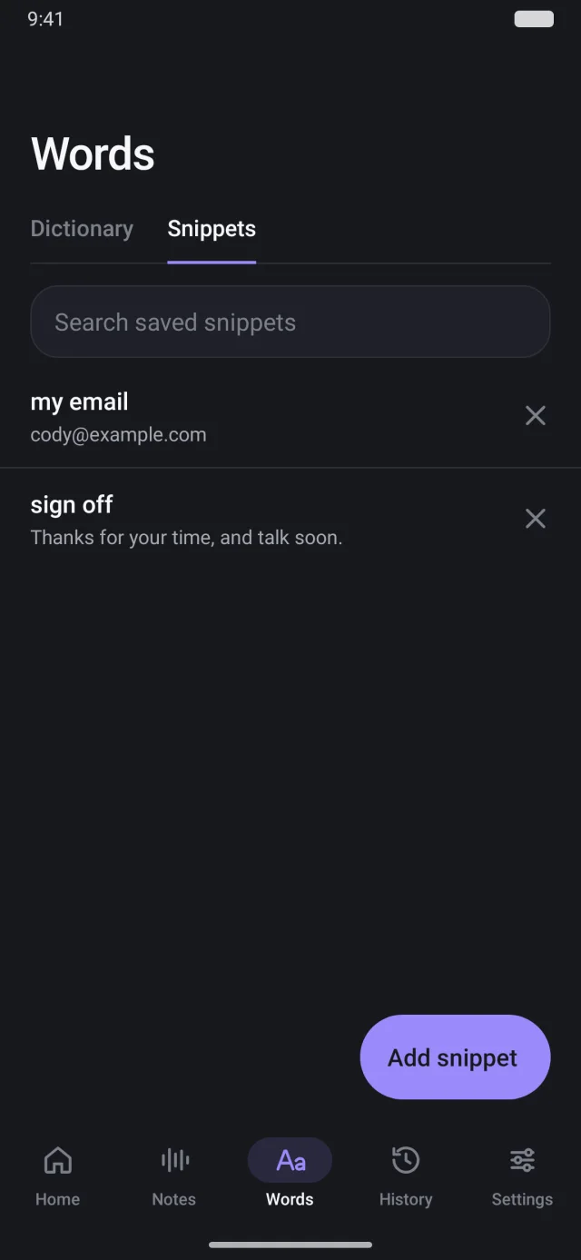SpeakSwell’s Words screen with saved voice shortcuts for an email address and a sign-off.